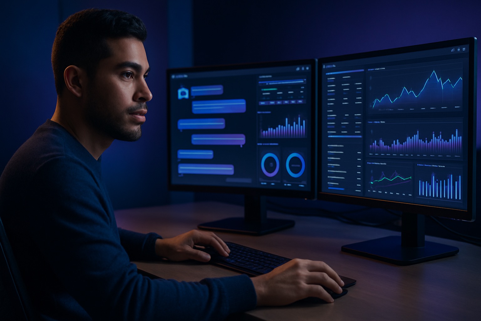 Analista monitoreando dashboards de un chatbot.