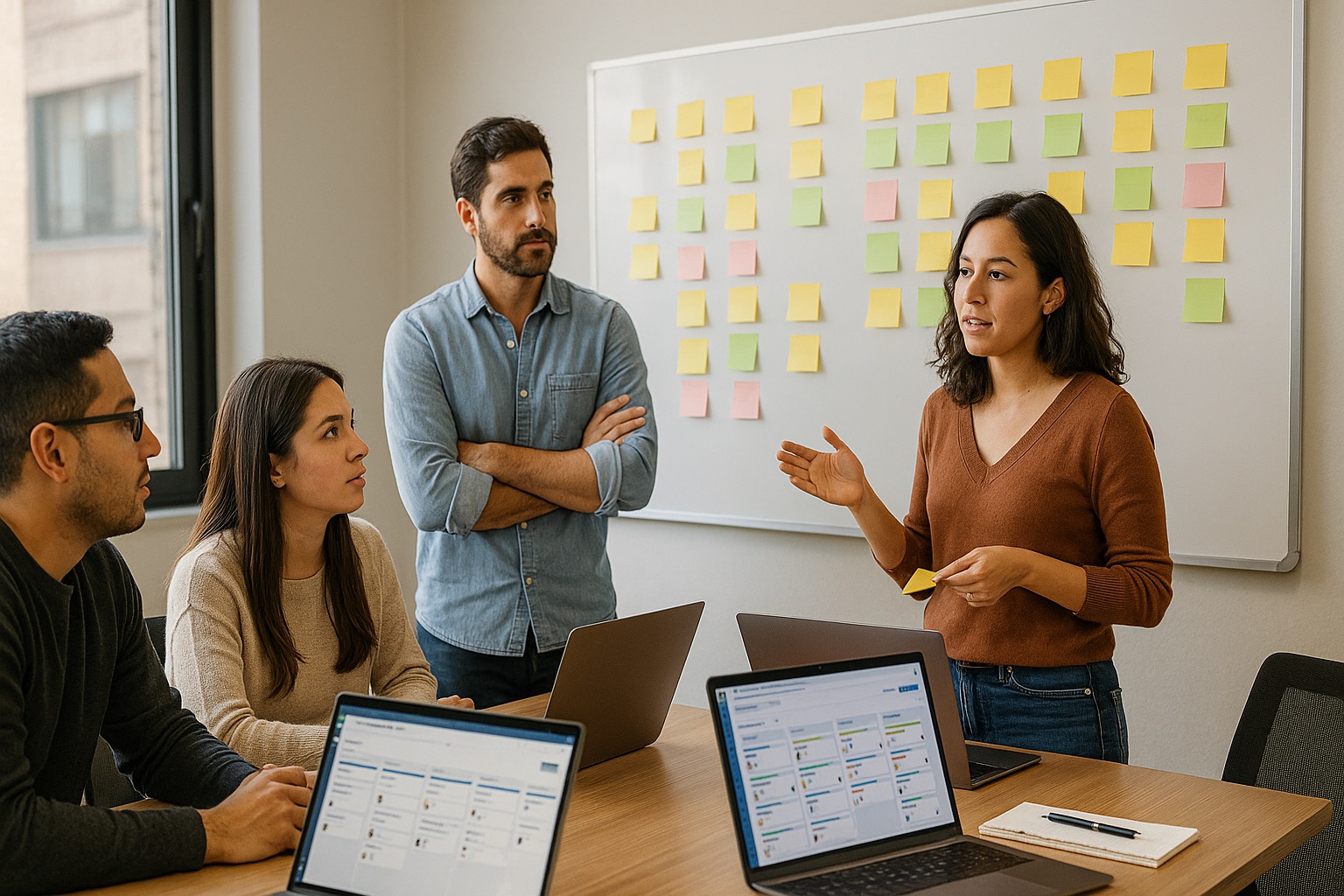 Equipo revisando un tablero de proyecto.