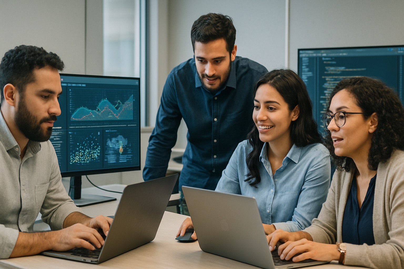 Científicos de datos colaborando en un laboratorio.