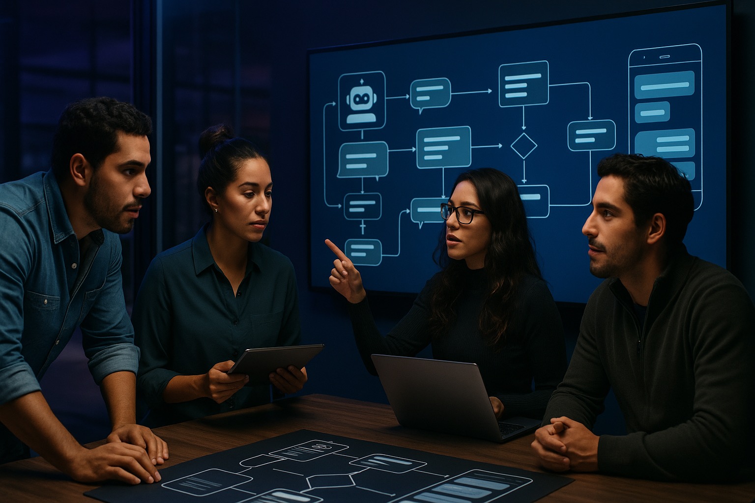 Equipo colaborando en la creación de flujos conversacionales.