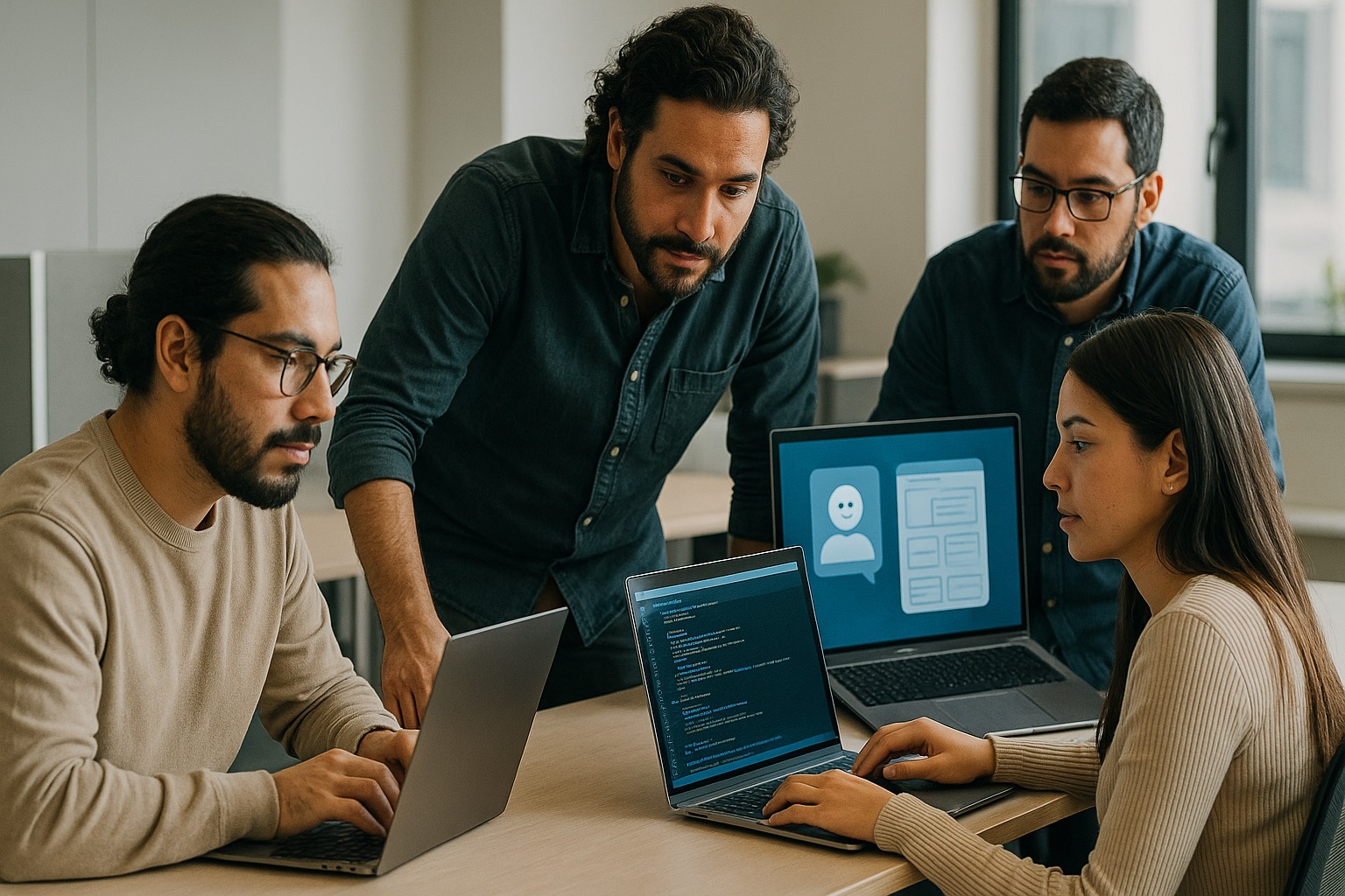 Equipo multidisciplinario colaborando en mesa de trabajo.