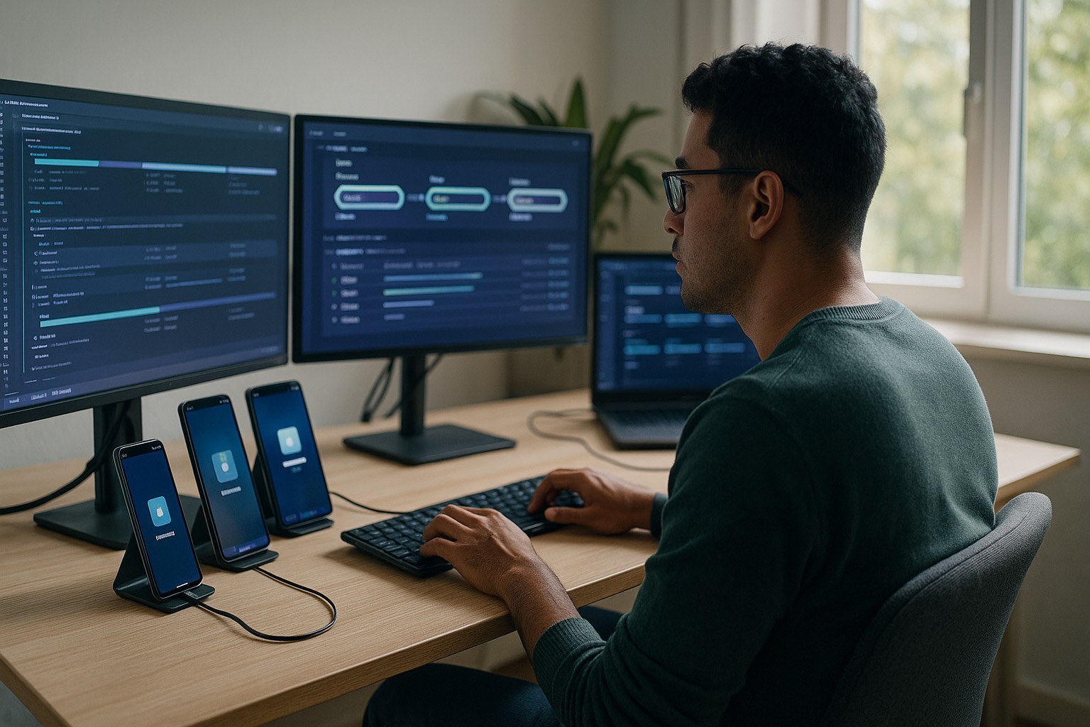 Desarrolladores configurando pipelines en una laptop.