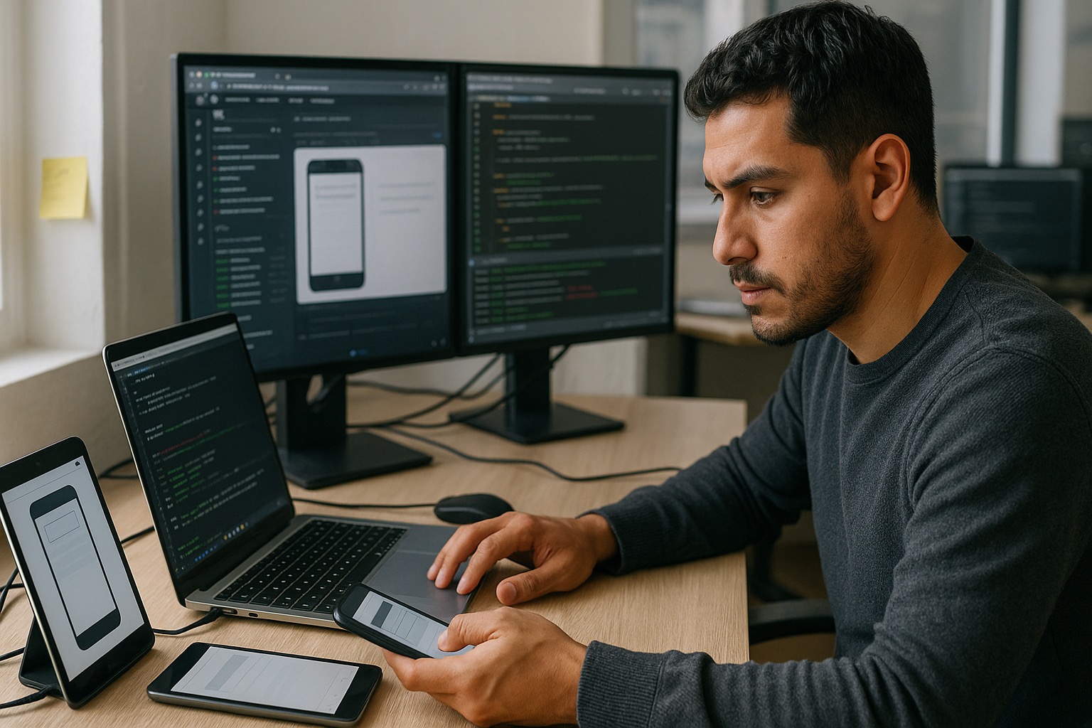 Equipo técnico realizando pruebas en diferentes dispositivos.