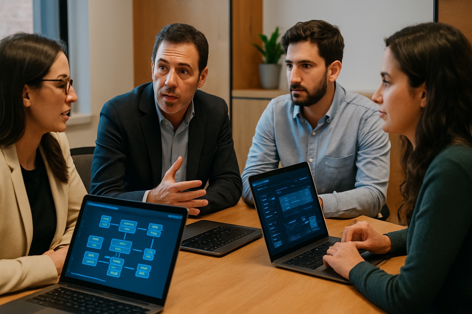 Workshop con directivos y consultores revisando tableros.